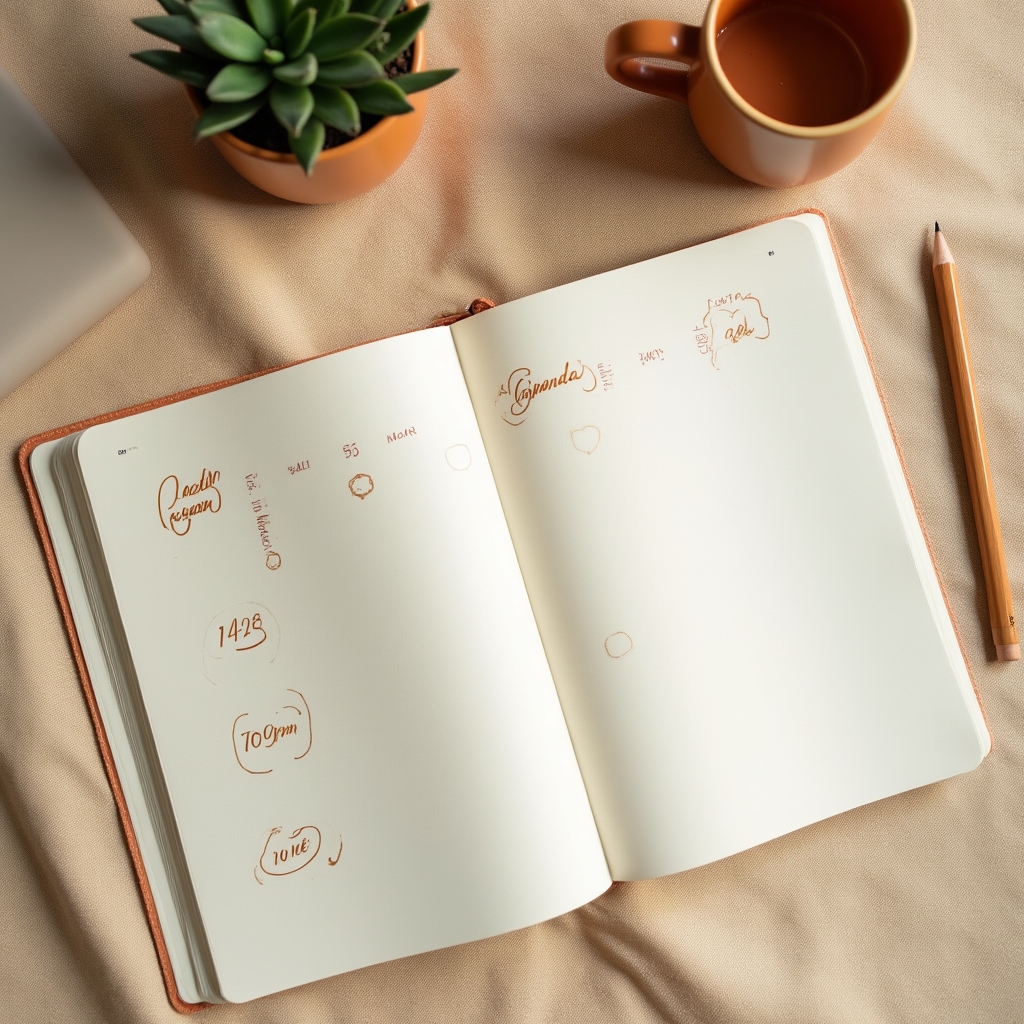 Agenda y calendario de papel sobre un escritorio cálido junto a una taza y un lápiz