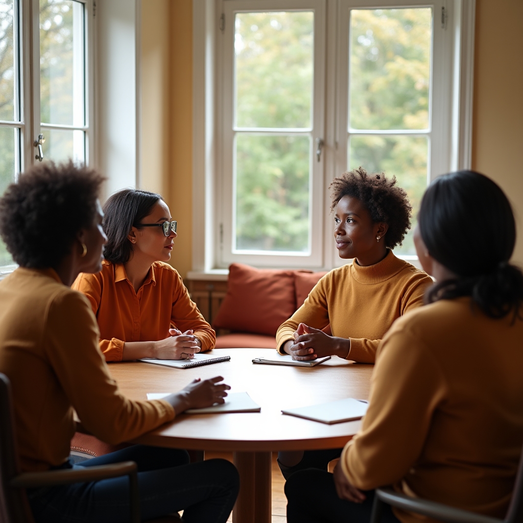 Grupo pequeño de personas conversando alrededor de una mesa durante una sesión guiada