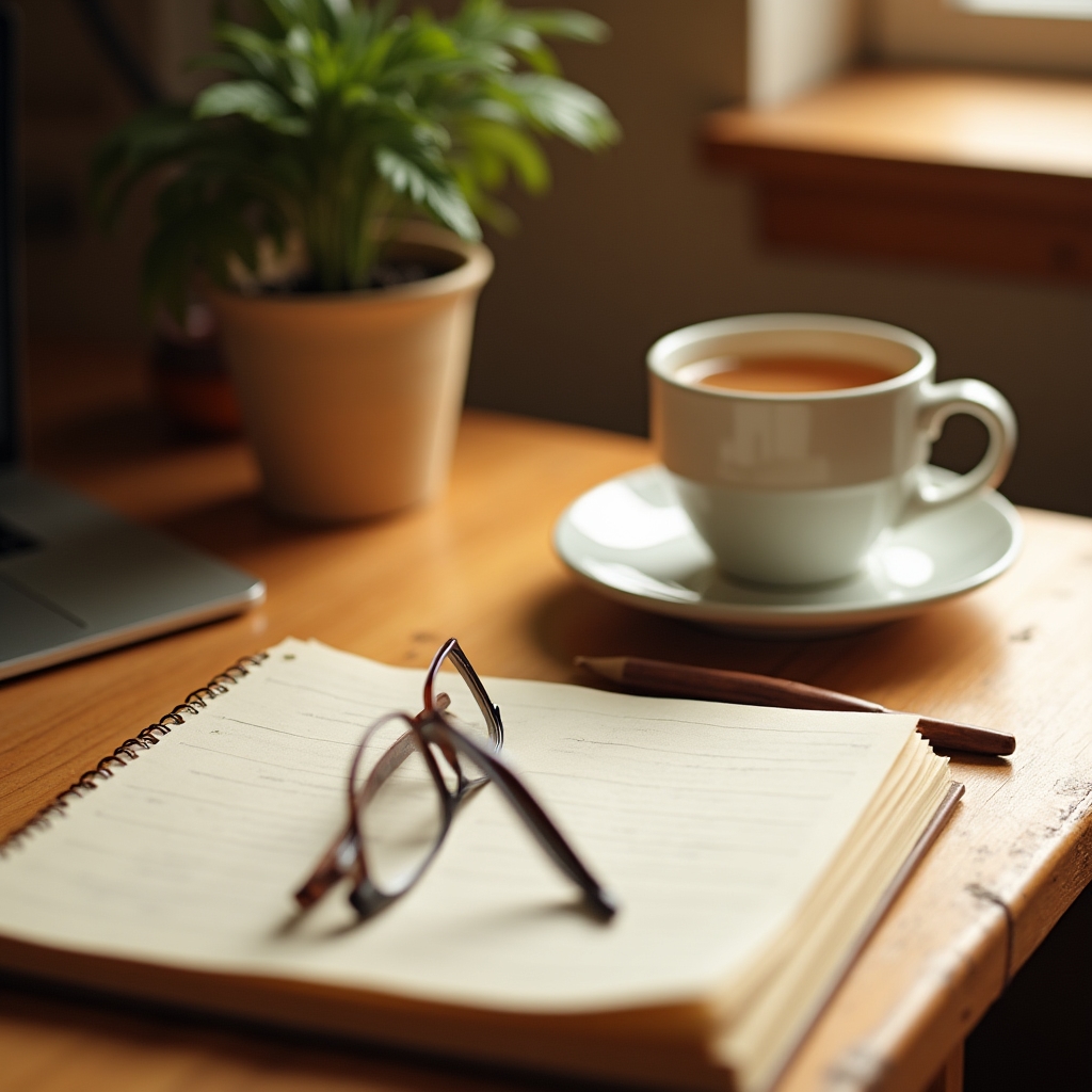 Detalle de escritorio de trabajo con libreta, planta y luz de ventana