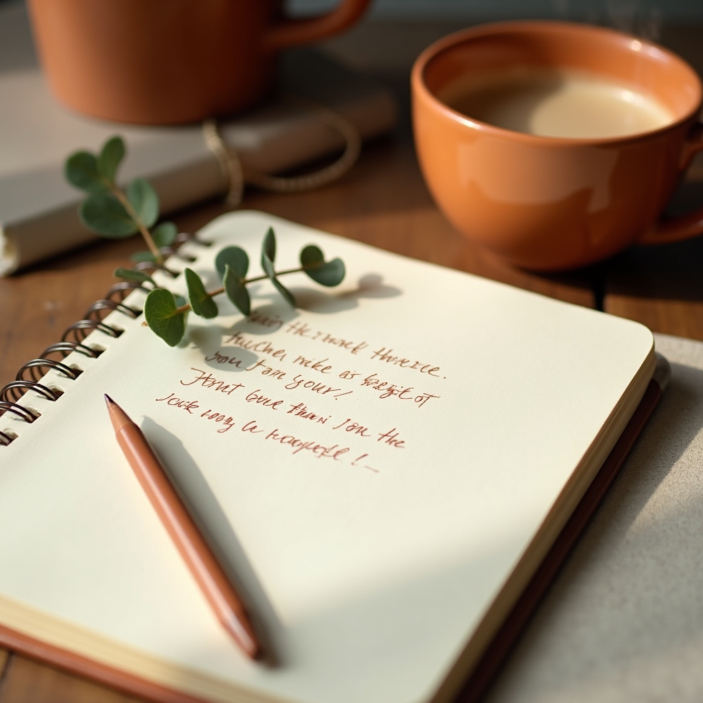 Cuaderno abierto con anotaciones sencillas junto a una taza de café en tonos cálidos