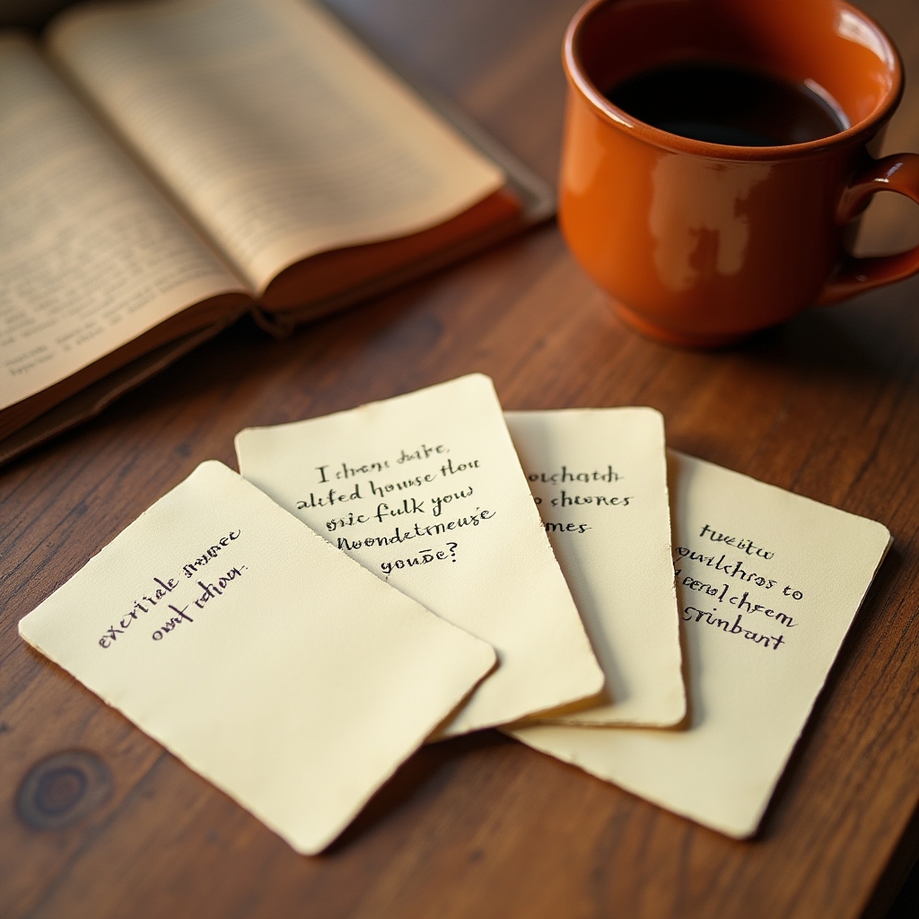 Tarjetas con preguntas guía dispuestas sobre una mesa de madera junto a una libreta