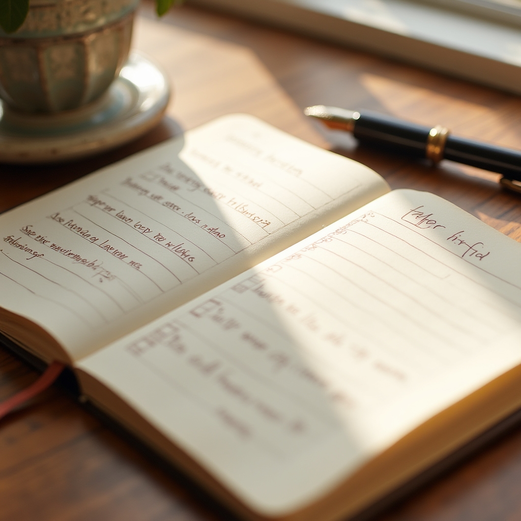 Libreta de ritual semanal abierta con preguntas guía escritas a mano en tinta cálida
